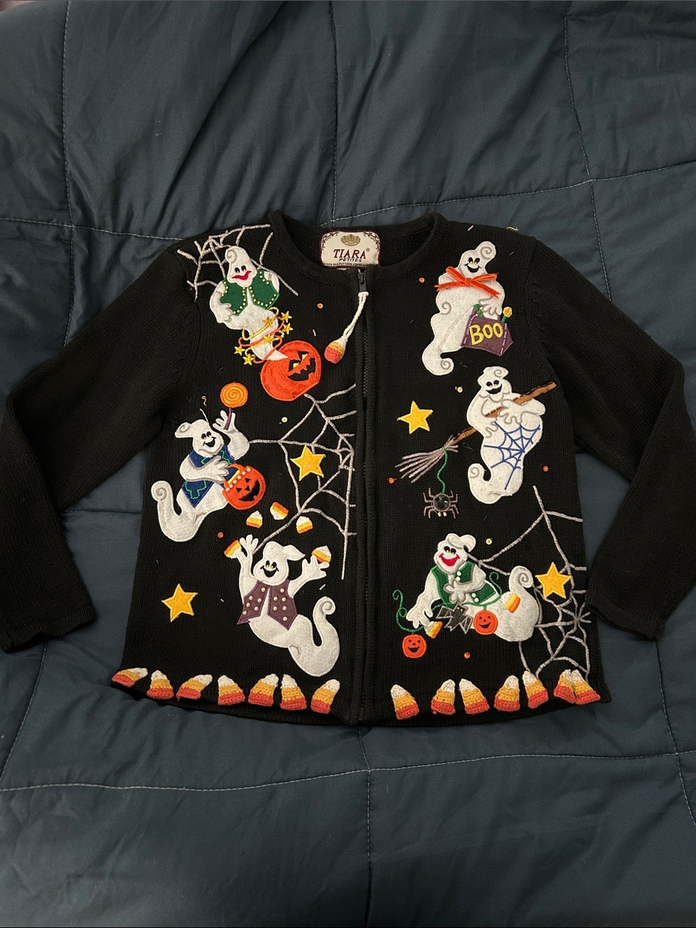 Tiara Black Halloween Ghost Zip Cardigan with Candy Corn Hem